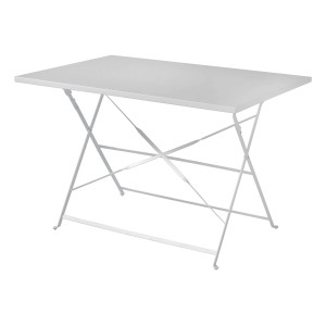 Tavolo da giardino rettangolare bianco con telaio pieghevole.