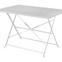 Tavolo da giardino rettangolare bianco con telaio pieghevole.