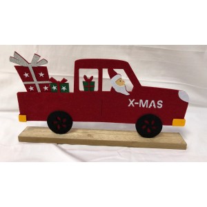 Decorazione natalizia: camion rosso con Babbo Natale e regali su base in legno.