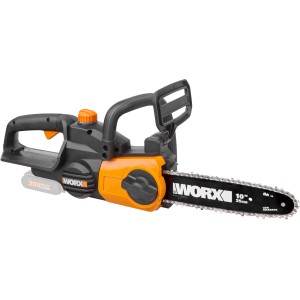 Motosega a batteria Worx WG322E.9 Solo, 20V, con dettagli arancioni e barra da 25cm.