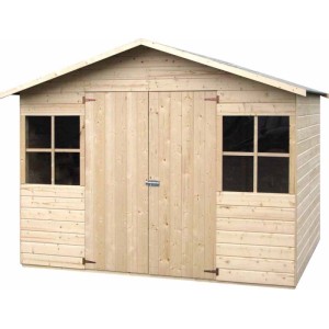 Casetta da giardino in legno Lopun classica con doppia porta e due finestre. Legno non trattato per deposito.