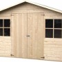 Casetta da giardino in legno Lopun classica con doppia porta e due finestre. Legno non trattato per deposito.