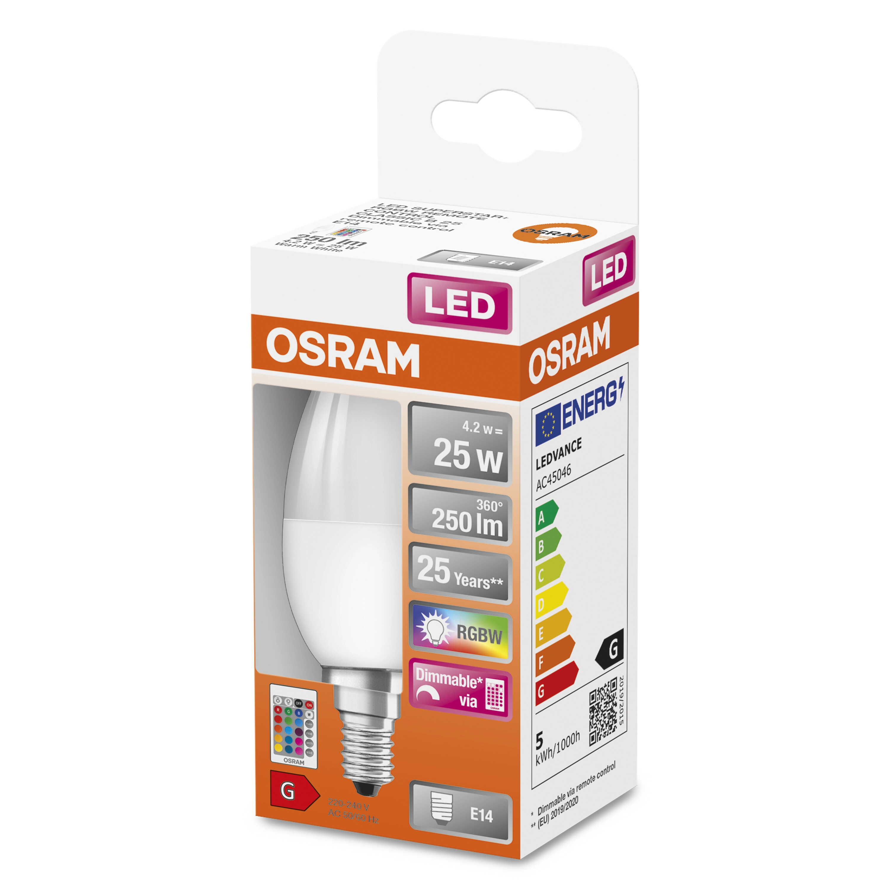 OSRAM Lampadina LED RGBW con telecomando, forma a candela, 25W E14