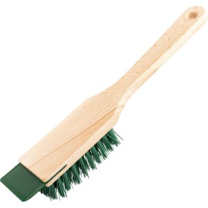Spazzola per tosaerba in legno con setole verdi e raschietto in plastica verde. Accessorio.