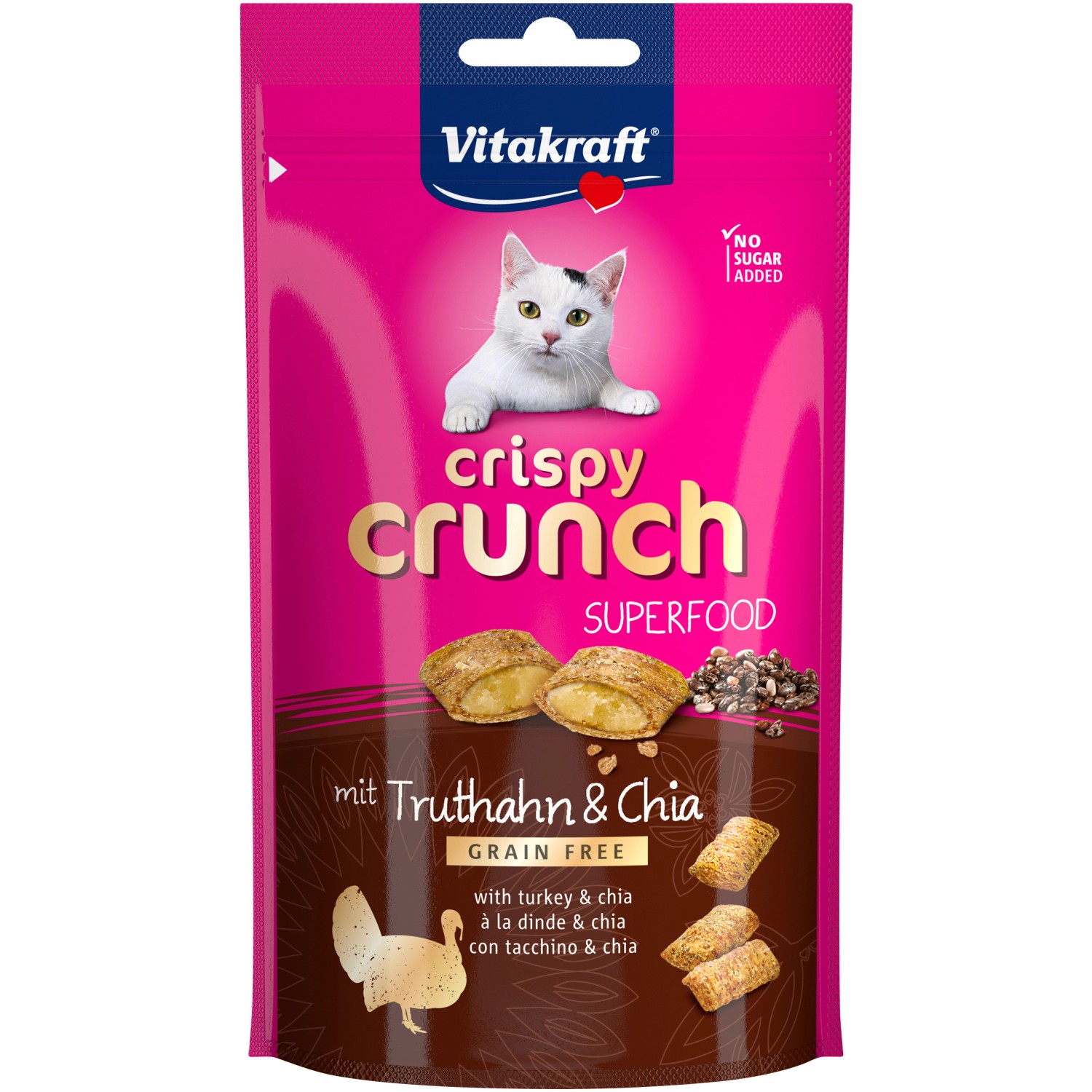 Vitakraft Crispy Crunch Tacchino e Chia, 60g snack per gatti in sacchetto rosa.