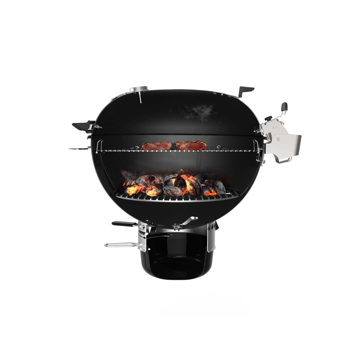 Barbecue a carbone Weber Master-Touch Premium E-5770 nero con cibo e braci ardenti.