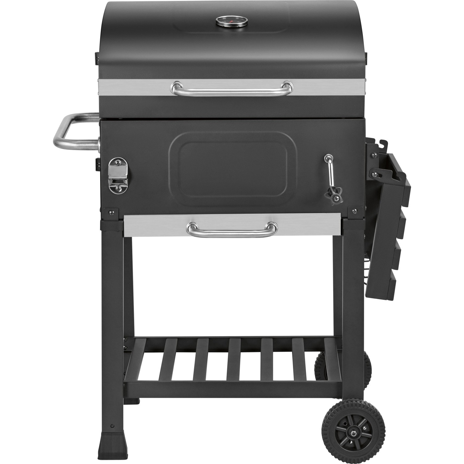 Barbecue a carbone Jamestown Jaxon grigio scuro, carrello grill mobile con termometro, ripiano laterale e ruote.