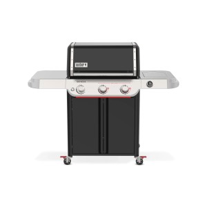 Barbecue a gas Weber nero con tre bruciatori e tavolini laterali.