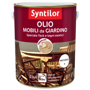 Olio per legno Syntilor per mobili da giardino, latta da 2,5L. Protegge teak e altri legni.