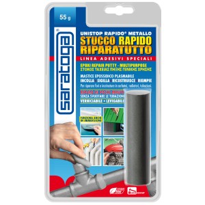 Saratoga Unistop Rapido Metallo Stucco, ideale per riparazioni rapide su metallo.