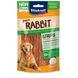Vitakraft Pure Strisce di coniglio per cani, confezione da 80g con cane.