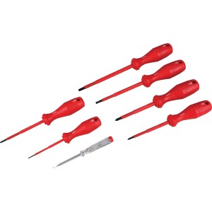 Set cacciaviti VDE LUX, 7 pezzi con manici rossi e tester di tensione.