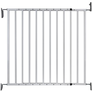 Cancello di sicurezza per scale in metallo bianco per montaggio su scale e ringhiere.