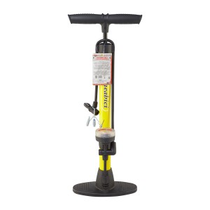 Pompa per bicicletta gialla e nera per riparazioni e manutenzione.