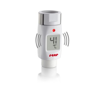 Termometro digitale per bagno e doccia bianco con indicatore di temperatura e simbolo di allarme.