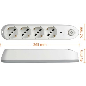 Multipresa bianca t.b.t. con quattro prese e interruttore, vista laterale e dall'alto.