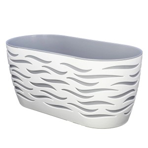 Fioriera da balcone ovale bianca con motivo ondulato.