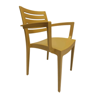 Sedia da giardino gialla con braccioli, ideale per patio e giardino.