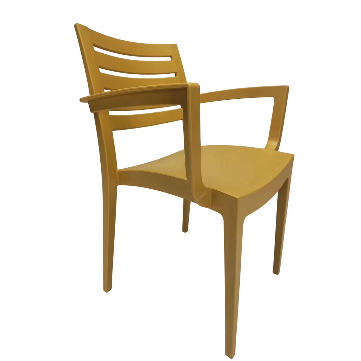 Sedia da giardino gialla con braccioli, ideale per patio e giardino.