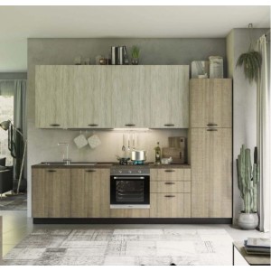 Cucina componibile moderna e luminosa con pensili e basi effetto legno. Cucina completa per la tua casa.