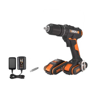 Trapano avvitatore a percussione Worx 20V WX370.1 con batterie, caricabatterie e inserto in borsa.