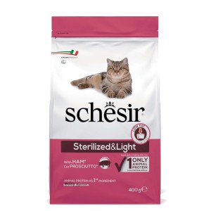 Schèsir cibo secco per gatti Sterilized&Light con prosciutto, confezione da 400g.