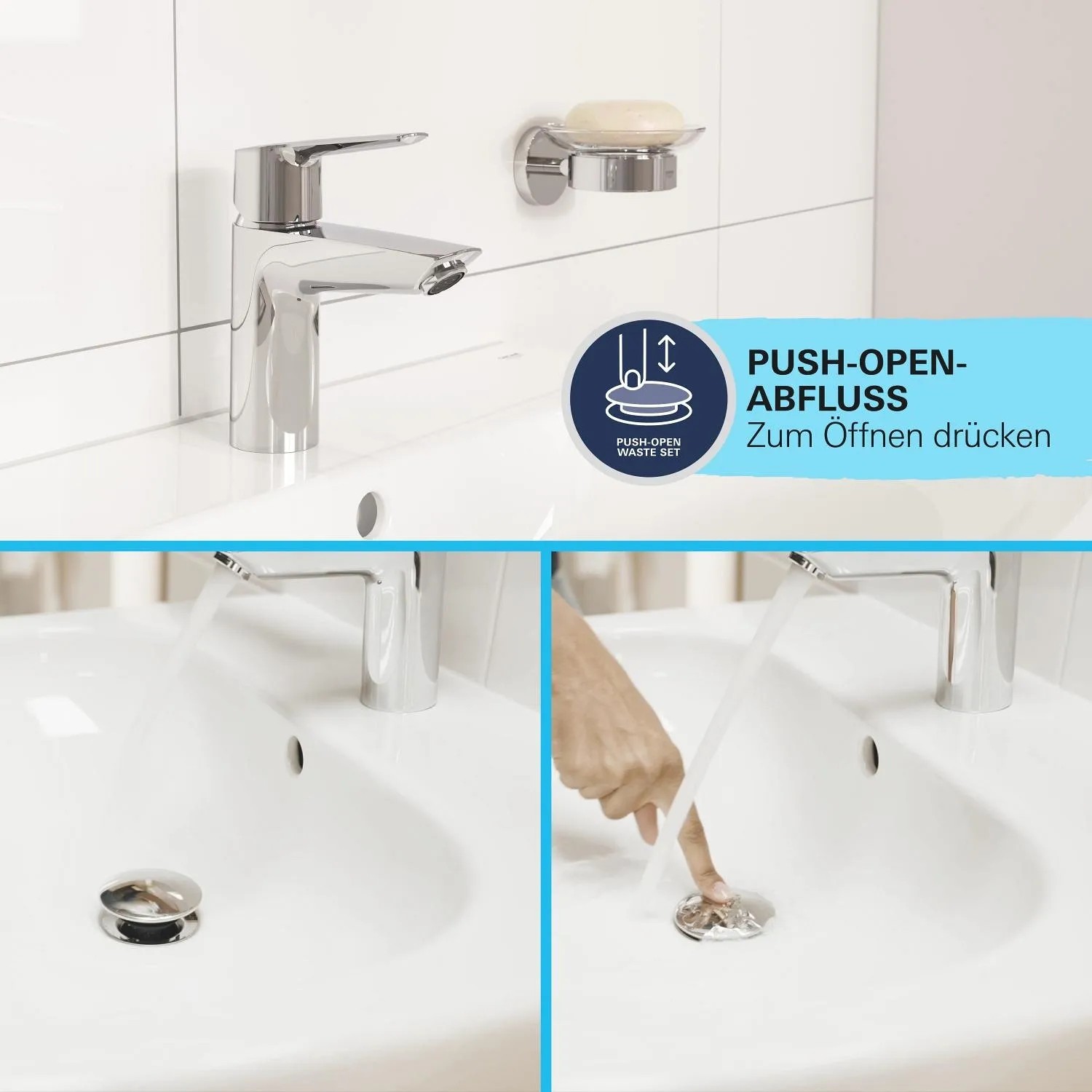 Miscelatore lavabo Grohe Start S-Size con scarico push-open in bagno moderno.