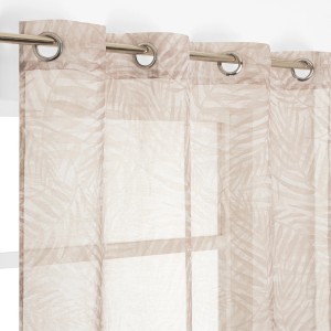 Tenda trasparente beige con motivo a foglie e occhielli per appendere.