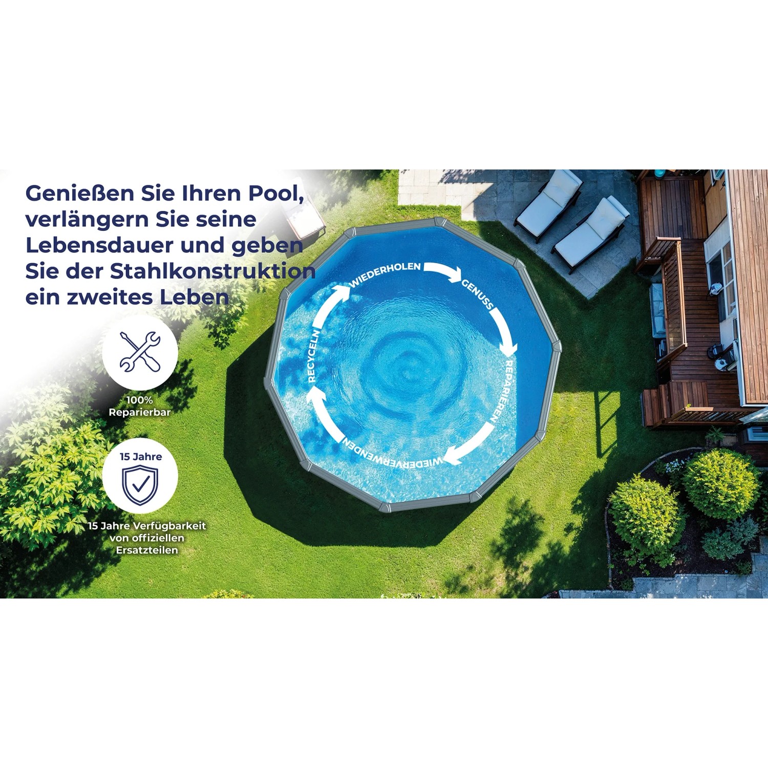 Piscina rotonda Gre Pool Pacific effetto legno, Ø 300 cm, in giardino. Piscina con parete in acciaio e sistema di filtraggio a sabbia.