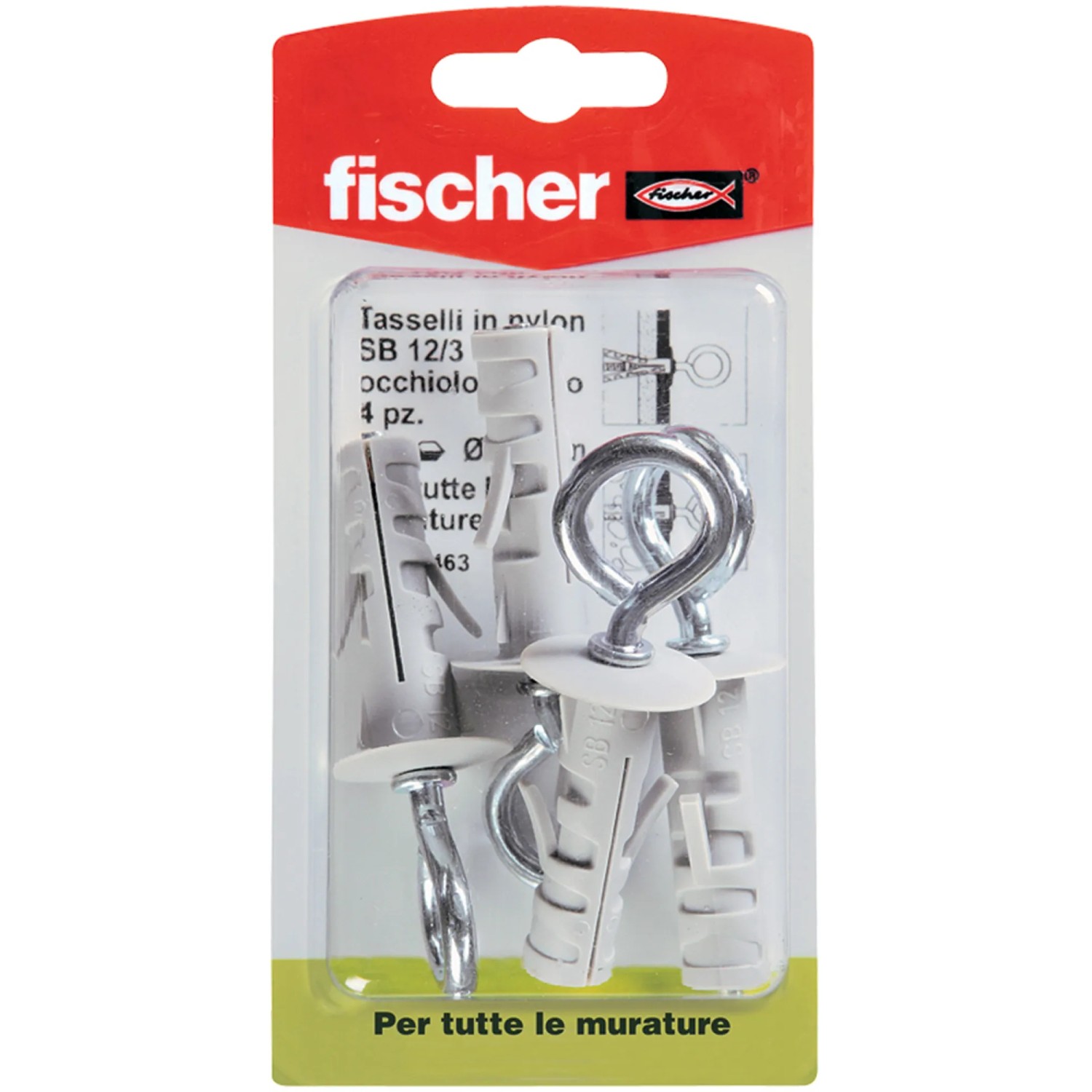 Tasselli Fischer con occhiello, set da 4, adatti per fissaggi interni.