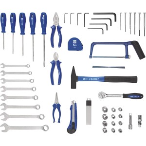 Kit utensili LUX Classic WZK-54 A con attrezzi come martello, cacciaviti, pinze, sega, chiavi e metro a nastro.
