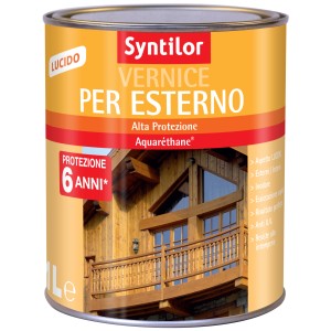 Barattolo di vernice per esterni Syntilor, trasparente, alta protezione.