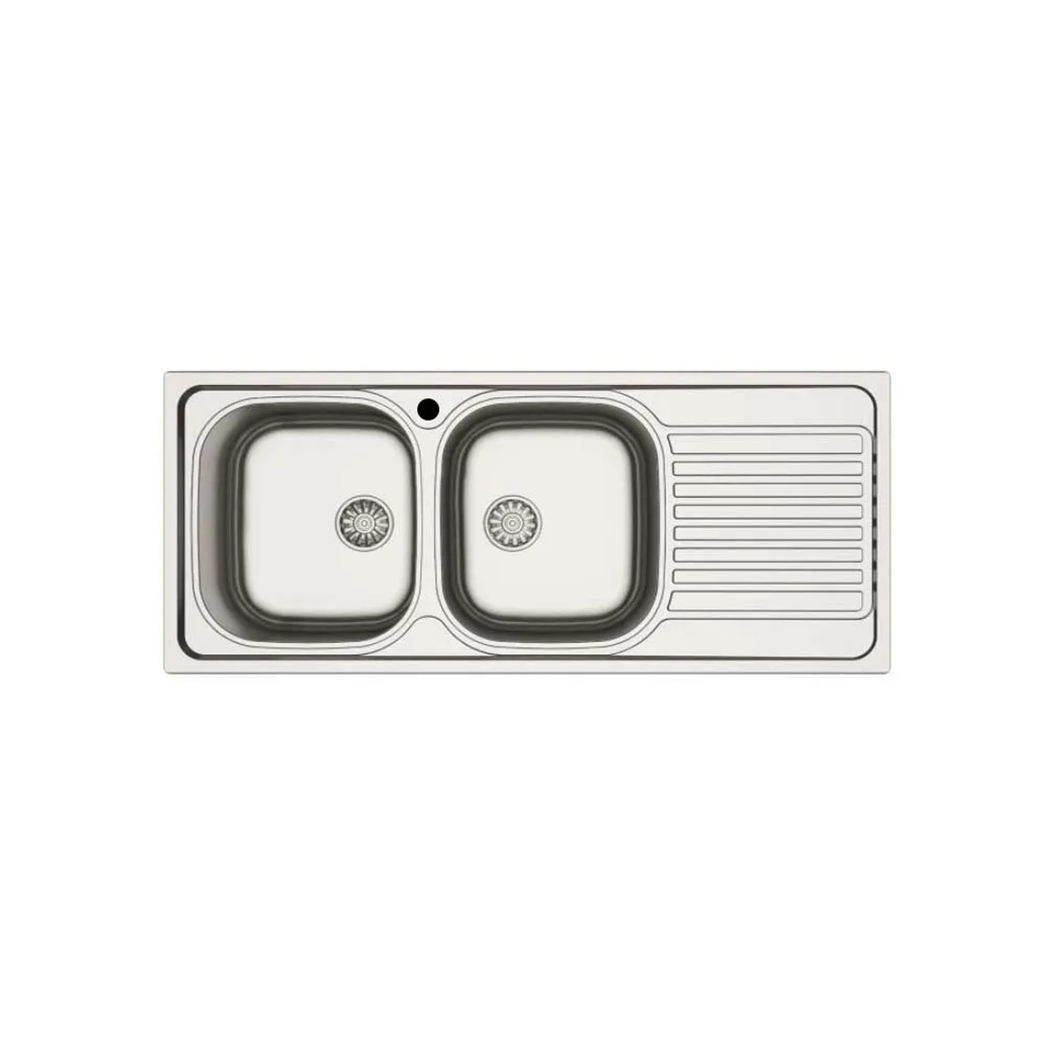 Lavello t.b.t. in acciaio inox con due vasche e gocciolatoio.