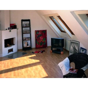 Soggiorno con pavimento laminato CMI effetto faggio (6+1 mm), atmosfera luminosa e accogliente.