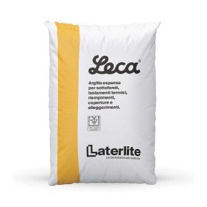 Sacco di argilla espansa Leca per costruzioni, striscia gialla. Ideale per isolamento e riempimento.