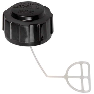 Tappo serbatoio nero per decespugliatore con cinturino di sicurezza.