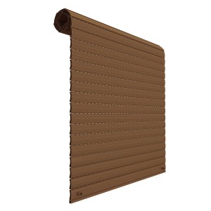 Tapparella marrone t.b.t., parzialmente arrotolata. Protezione solare e privacy per finestre.