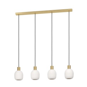 Lampada a sospensione moderna con quattro paralumi bianchi e sospensione color oro.