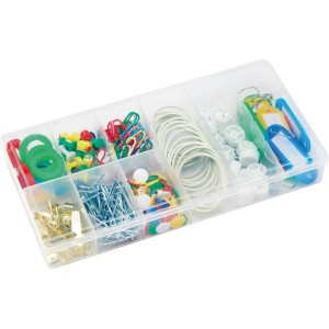 Set di utensili per la casa da 305 pezzi in scatola di assortimento: graffette, chiodi, elastici, puntine e altro.
