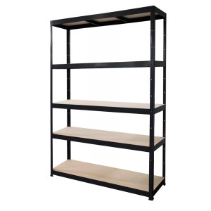 Scaffale nero t.b.t. con cinque ripiani per magazzino e cantina.