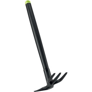 t.b.t. per la lavorazione del terreno, attrezzo da giardino con manico e denti neri.