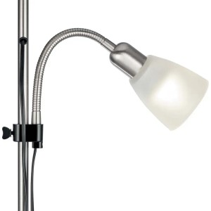 Lampada da terra flessibile con paralume in vetro satinato e struttura argentata. Lampada di design per interni.