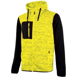 Giacca da lavoro giallo-nera con cappuccio e zip. Abbigliamento da lavoro.