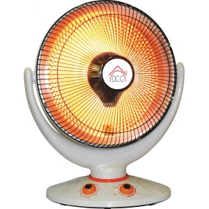 Stufa elettrica t.b.t. bianca con elemento riscaldante rotondo e griglia di protezione.