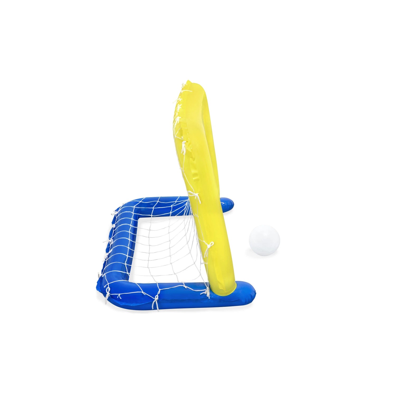 Porta da calcio gonfiabile per bambini, blu e gialla, con palla. Ideale per gioco e divertimento in acqua.