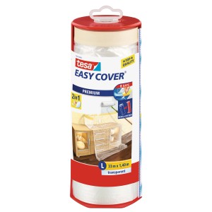 Tesa Easy Cover Premium telo di copertura con nastro per pittori, 33x1,4 m, per proteggere dagli schizzi di vernice durante la pittura.