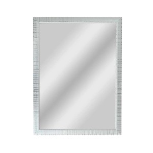 Specchio da parete rettangolare con cornice argentata e strutturata.