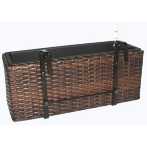 Fioriera da balcone rettangolare marrone (51,5 cm) in polyrattan con sistema di irrigazione e staffa.