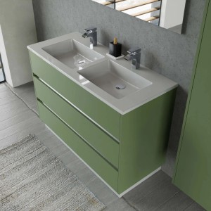 Mobile bagno verde con due lavabi per l'arredo bagno.