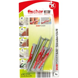 Fischer Duopower 6x50 tasselli con viti, set da 4. Tasselli universali per fissaggi sicuri in diversi materiali.